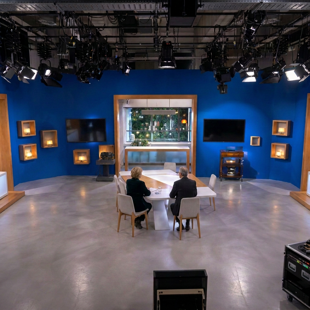 Plateau vidéo bleu vu en grand angle avec table centrale, projecteurs et équipement technique